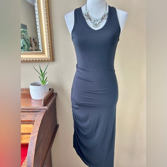 L*Space Ruched Midi Dress Black Racerback Side Slit Asymmetrical Cover-up S - Picture 2 of 8